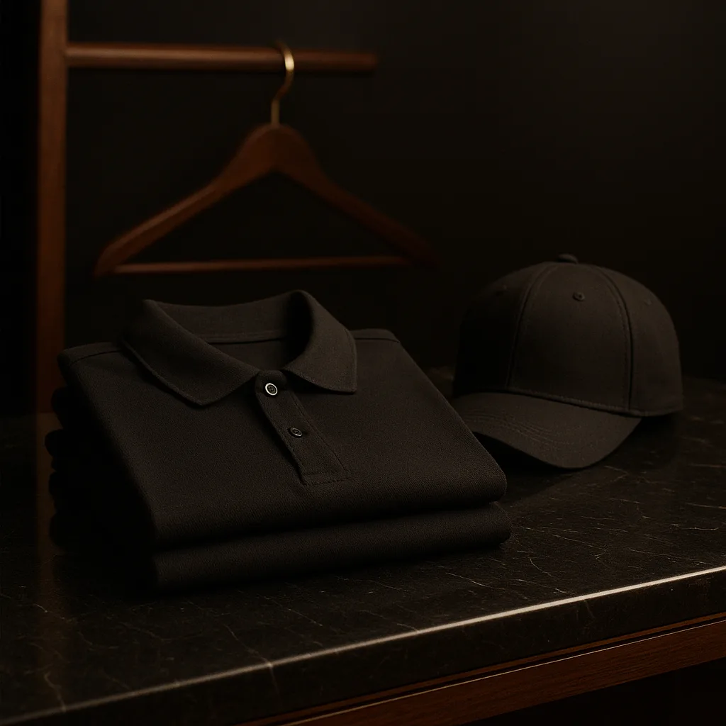 Camisa polo e camiseta pretas dobradas sobre mármore escuro, com um boné preto ao lado